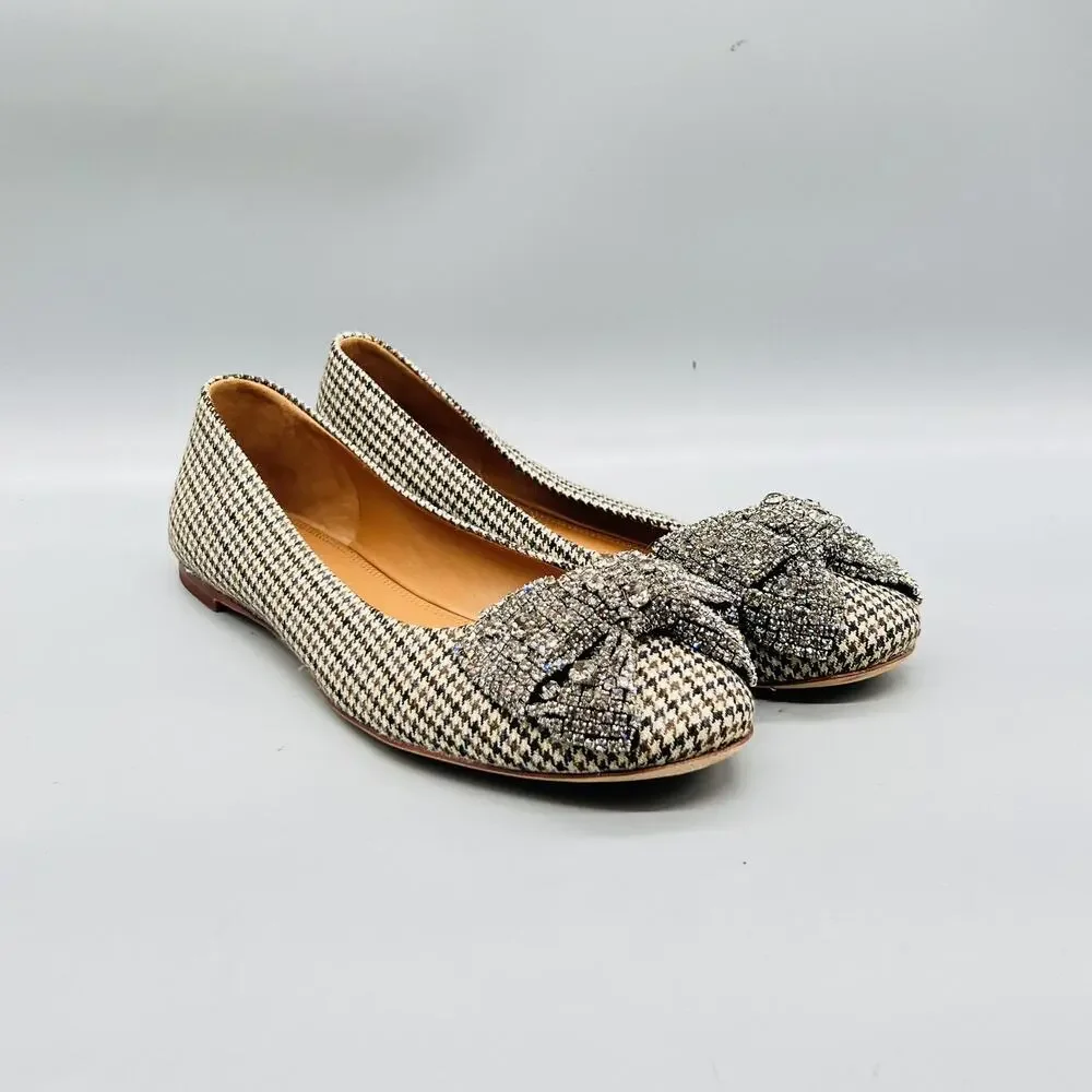 Tory Burch Shoes Womens 10 Beige Tweed Houndstooth Ballet Flats Slip On Bow